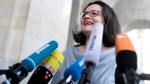 epa06866449 The leader of the Social Democratic Party (SPD) and Chairwoman of the SPD faction Andrea Nahles gives a press statement prior to a coalition summit at the Reichstag building, the seat of G ...