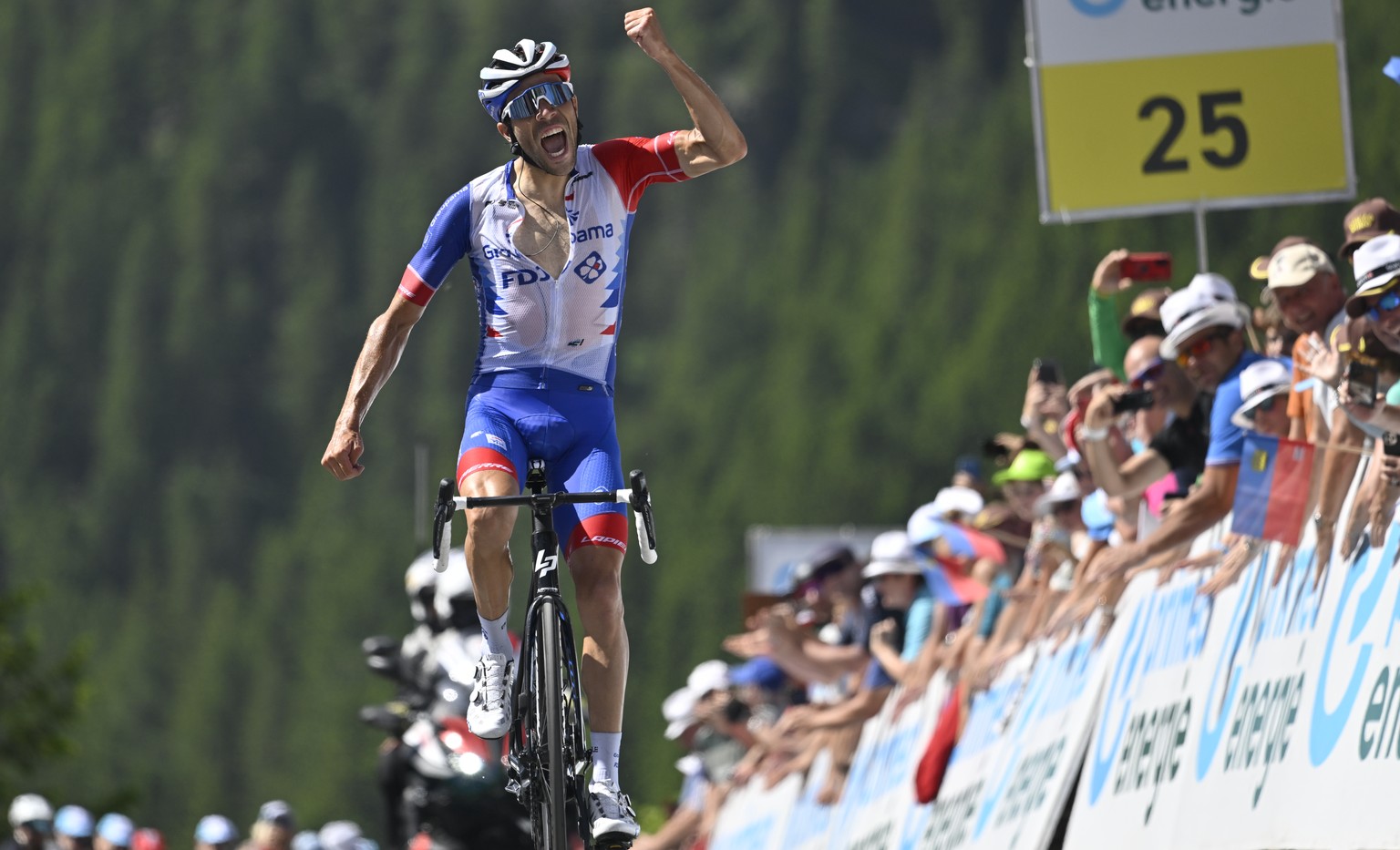 Thibaut Pinot from France of Groupama-FDJ wins the seventh stage, a 194.6 km race from Ambri, Switzerland, to Malbun, Liechtenstein, at the 85th Tour de Suisse UCI ProTour cycling race, on Saturday, J ...