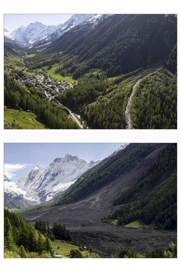 This combo picture shows a view of the village of Blatten taken on May 18, 2025 (top), and a view captured one day after a massive avalanche triggered by the collapse of the Birch Glacier, swept down  ...