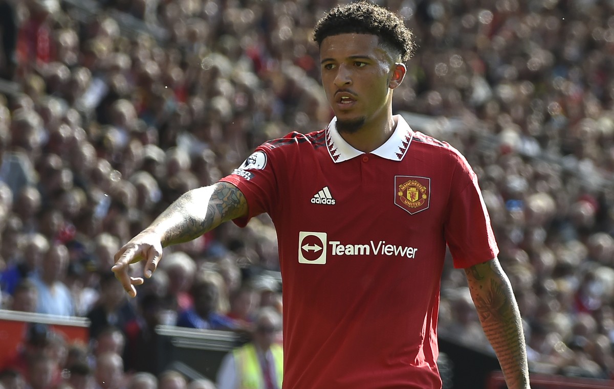 Manchester United's Jadon Sancho during the English Premier League soccer match between Manchester United and Fulham at Old Trafford in Manchester, England, Sunday, May 28, 2023. (AP Photo/Rui Vi ...