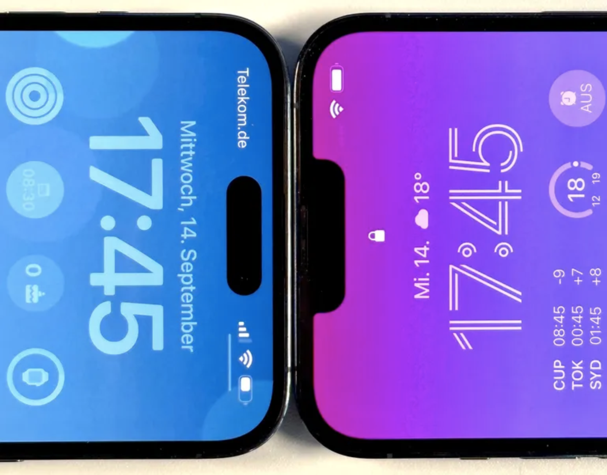 iPhone 14 Pro Max (links) und iPhone 13 Pro Max. Statt der "Notch", der Aussparung im Bildschirm rechts, gibt es nun einen pillenförmigen Ausschnitt im Display. (Quelle: t-online / Jan Mölle ...