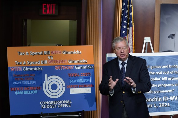 Sen. Lindsey Graham, R-S.C., talks about the the Build Back Better bill during a news conference on Capitol Hill in Washington, Friday, Dec. 10, 2021. (AP Photo/Susan Walsh)