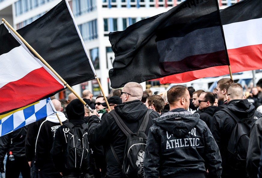 epa07061121 (FILE) - Right-wing suporters march in Chemnitz, Germany, 01 May 2018 (reissued 01 October 2018) According to reports, six men were arrested on 01 October 2018 as per order of Germany&#039 ...