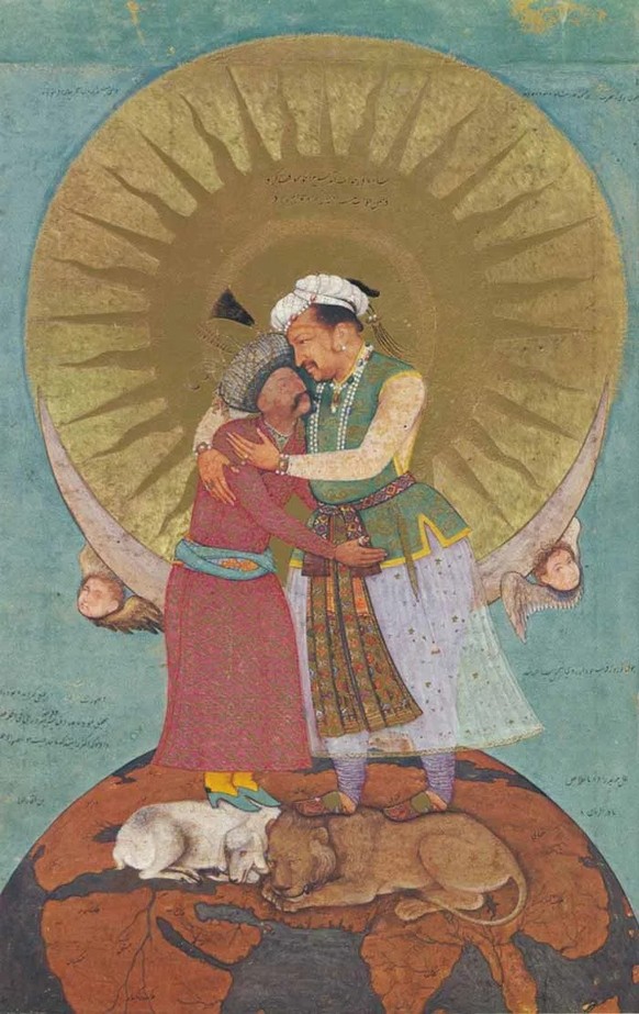 Der Schah Abbas I. (links) um ca. 1620. Der persische Herrscher trägt Absatzschuhe, wie sie unter seinen berittenen Streitkräften verbreitet waren.
https://commons.wikimedia.org/wiki/File:Jahangir_%26 ...