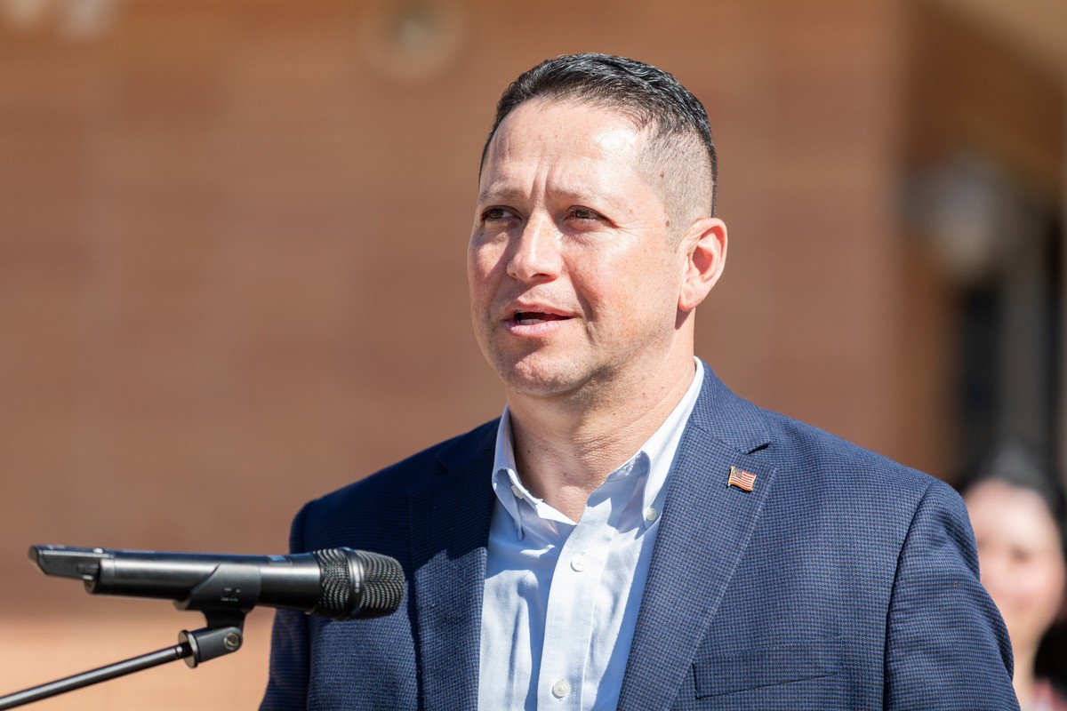 Rep. Tony Gonzales, R-Texas, speaks during a news conference about school safety enhancements at North East Independent School District in front of the new Wilshire Safety Training Center Friday, Feb. ...