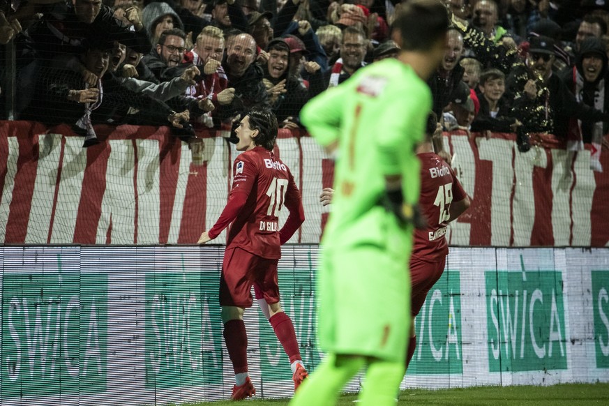 Winterthurs Torschuetze Matteo di Giusto jubelt nach dem Tor zum 1-0 im Fussball Meisterschaftsspiel der Super League zwischen dem FC Winterthur und dem FC Sion im Stadion Schuetzenwiese in Winterthur ...