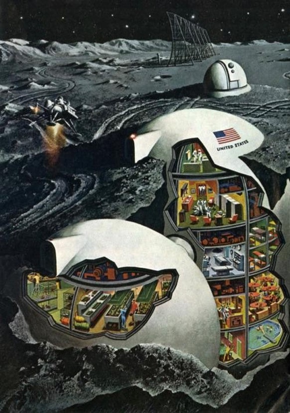 A future moon colony imagined in a 1968 illustration by David Meltzer, published the next year in National Geographic
https://www.reddit.com/r/RetroFuturism/comments/k2dllb/a_future_moon_colony_imagin ...
