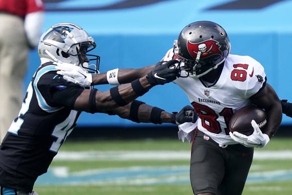 Carolina Panthers safety Sam Franklin (42) grabs Tampa Bay Buccaneers wide receiver Antonio Brown (81) by the facemask during the first half of an NFL football game, Sunday, Nov. 15, 2020, in Charlott ...