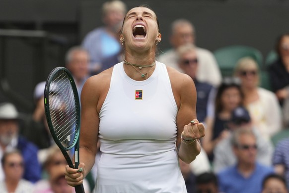 Aryna?Sabalenka of Belarus reacts during her second round women's singles match against Marie Bouzkova of the Czech Republic at the Wimbledon Tennis Championships in London, Wednesday, July 2, 20 ...