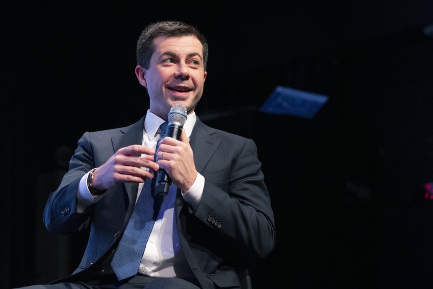 Democratic presidential candidate former South Bend, Ind., Mayor Pete Buttigieg speaks during the New Hampshire Youth Climate and Clean Energy Town Hall, Wednesday, Feb. 5, 2020, in Concord, N.H. (AP  ...