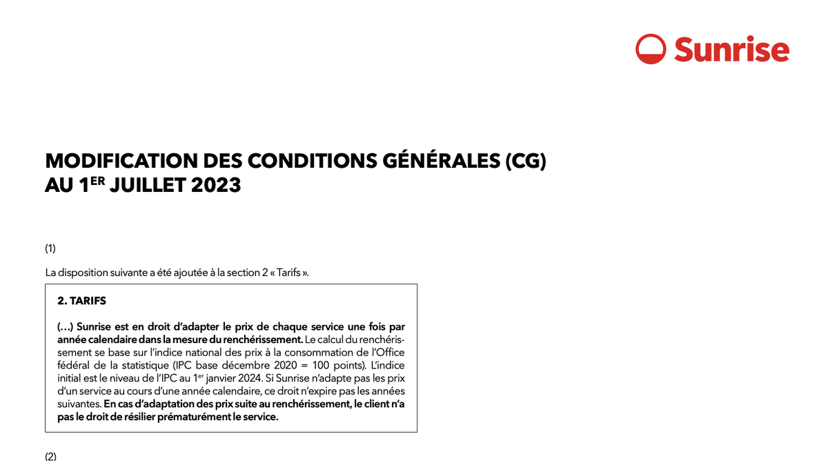 Sunrise, Vue d'ensemble des changements dans les CGV, et Conditions générales