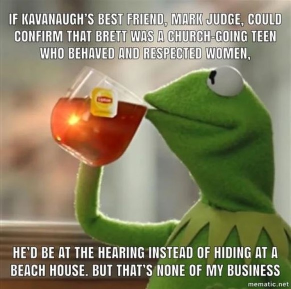 «Wenn Kavanaughs bester Freund – Mark Judge – tatsächlich bestätigen könnte, dass Brett ein frommer Teenager war, der sich benehmen konnte und Frauen respektierte, dann wäre er bei der Senatsanhörung, anstatt sich in einem Strandhaus zu verstecken. Aber das ist nicht mein Bier.» 