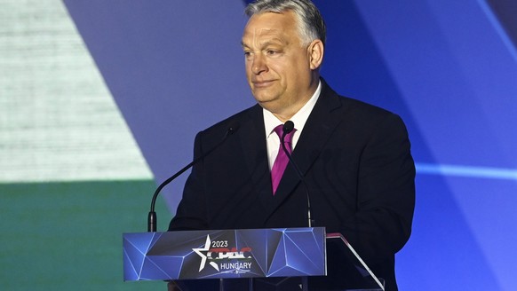 Hungarian Prime Minister Viktor Orban delivers the keynote speech at the opening session of Hungary Conservative Political Action Conference Hungary in Budapest, Hungary, Thursday, May 4, 2023. The tw ...