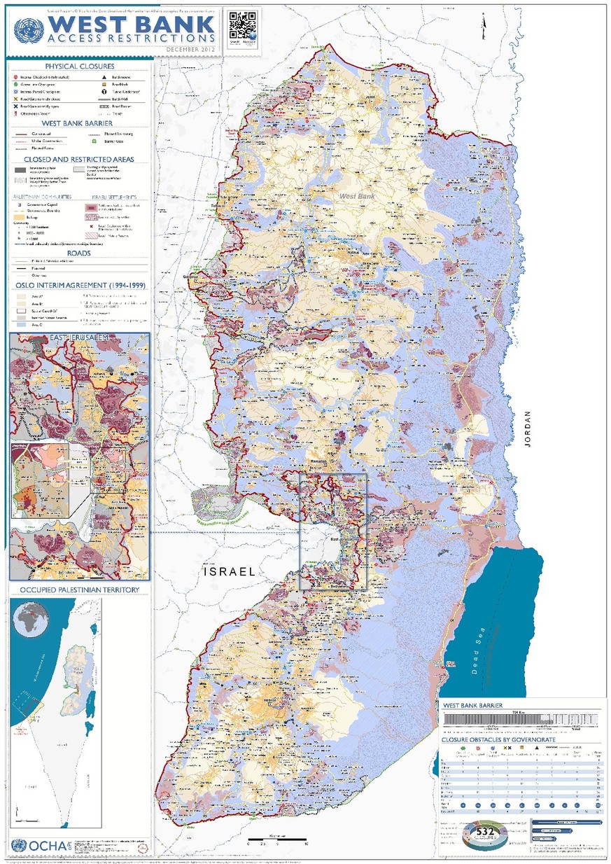 Das nicht zu durchschauende Durcheinander – gelb: Palästinensische Autonomiegebiete, blau: Gebiete, welche vom israelischen Militär kontrolliert werden, rostrot: israelische Siedlungen, Vorposten und  ...