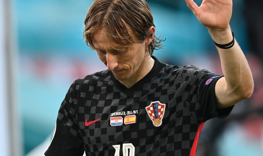 epa09309085 Luka Modric of Croatia reacts after the UEFA EURO 2020 round of 16 soccer match between Croatia and Spain in Copenhagen, Denmark, 28 June 2021. EPA/Stuart Franklin / POOL (RESTRICTIONS: Fo ...