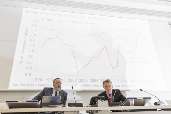 Alexandre de Juniac Director General and CEO of the International Air Transport Association (IATA), right, speaks next to Anthony Concil, Vice President IATA, during an IATA Global Media Day in Geneva ...