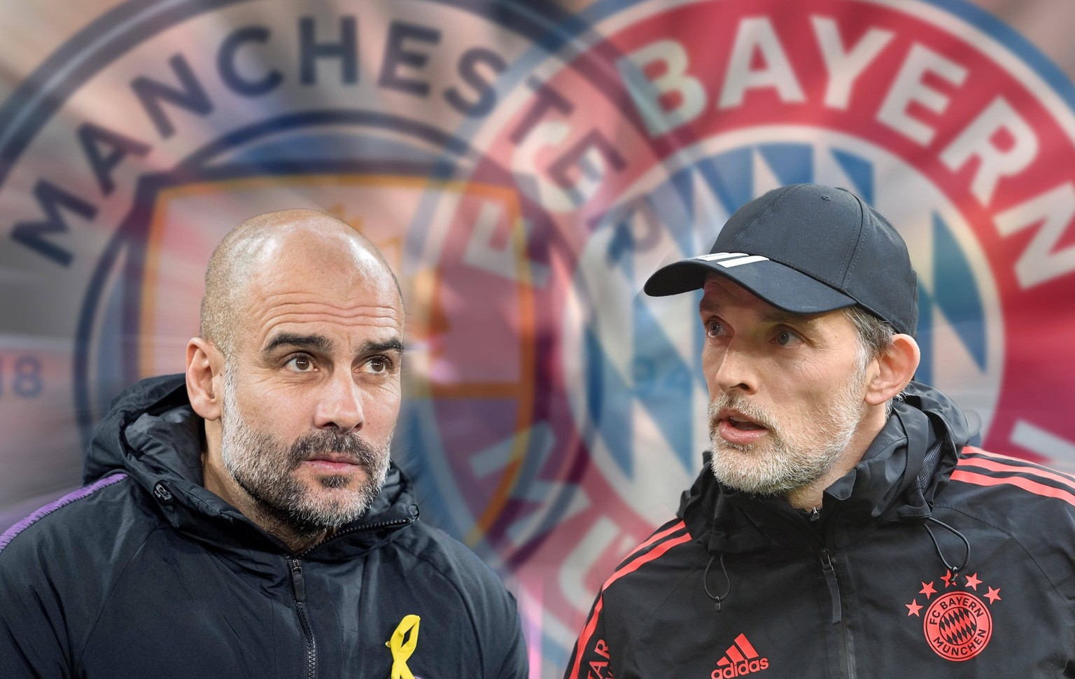 FOTOMONTAGE: Vorschau Fussball Champions League Viertelfinale Manchester City ManCity - FC Bayern Muenchen am 11.04.203, Trainer Thomas TUCHEL Bayern Muenchen trifft auf Trainer Pep Guardiola ManCity. ...