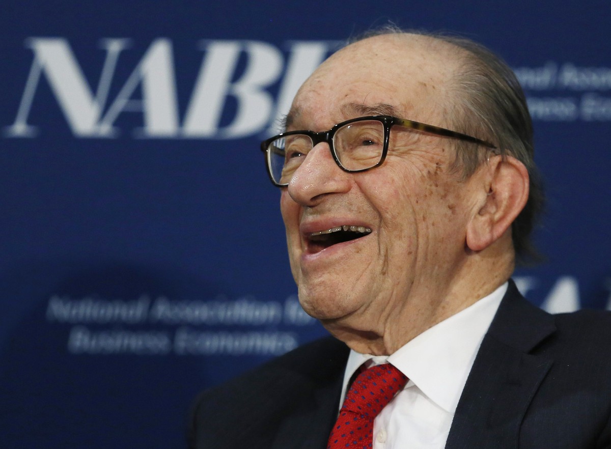 Former U.S. Federal Reserve Board Chairman Alan Greenspan reacts during a question and answer session at the National Association for Business Economics Policy Conference in Arlington, Virginia Februa ...