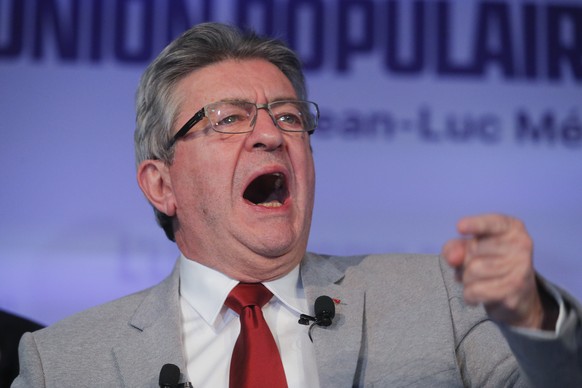 French far-left candidate Jean-Luc Melenchon comments on preliminary results of the first round of the presidential election in Paris, France, Sunday, April 10, 2022. Up to 48 million French voters he ...