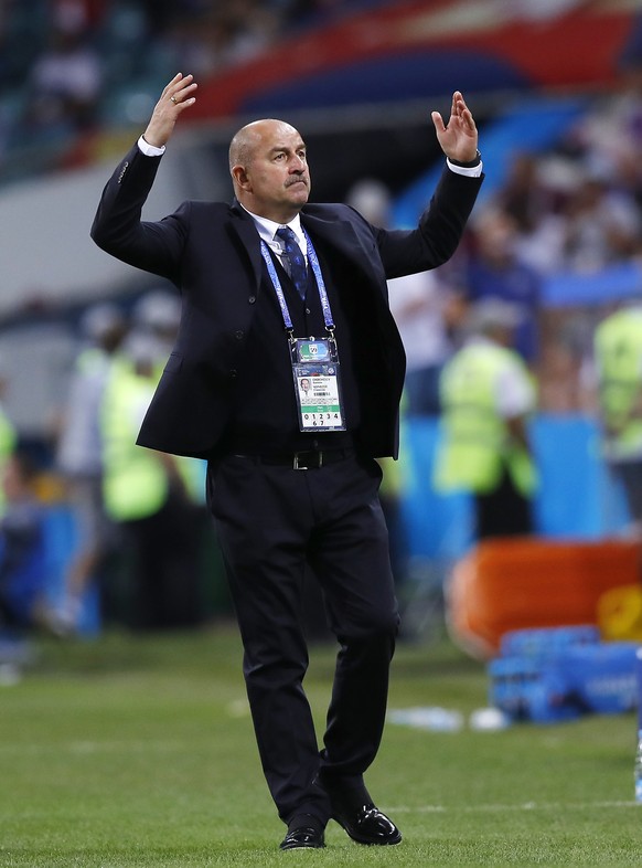 Russia head coach Stanislav Cherchesov gestures during the quarterfinal match between Russia and Croatia at the 2018 soccer World Cup in the Fisht Stadium, in Sochi, Russia, Saturday, July 7, 2018. (A ...