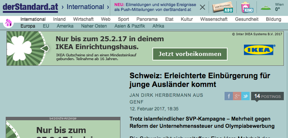 «Die Schweiz gibt sich weltoffen», kommentiert «Standard»-Korrespondent Jan Dirk Herbermann den Erfolg der Vorlage zur erleichterten Einbürgerung. Dass das Stimmvolk trotz offen islamfeindlicher SVP-K ...