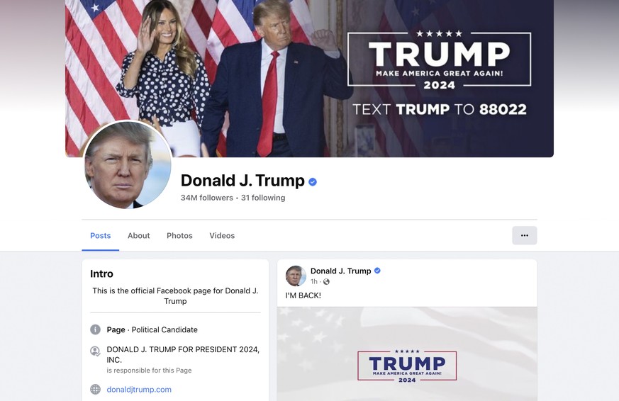 This image from the Facebook page of former President Donald Trump, shows his first post after his personal account was reactivated. Trump returned to Facebook after a more than two-year ban, posting  ...