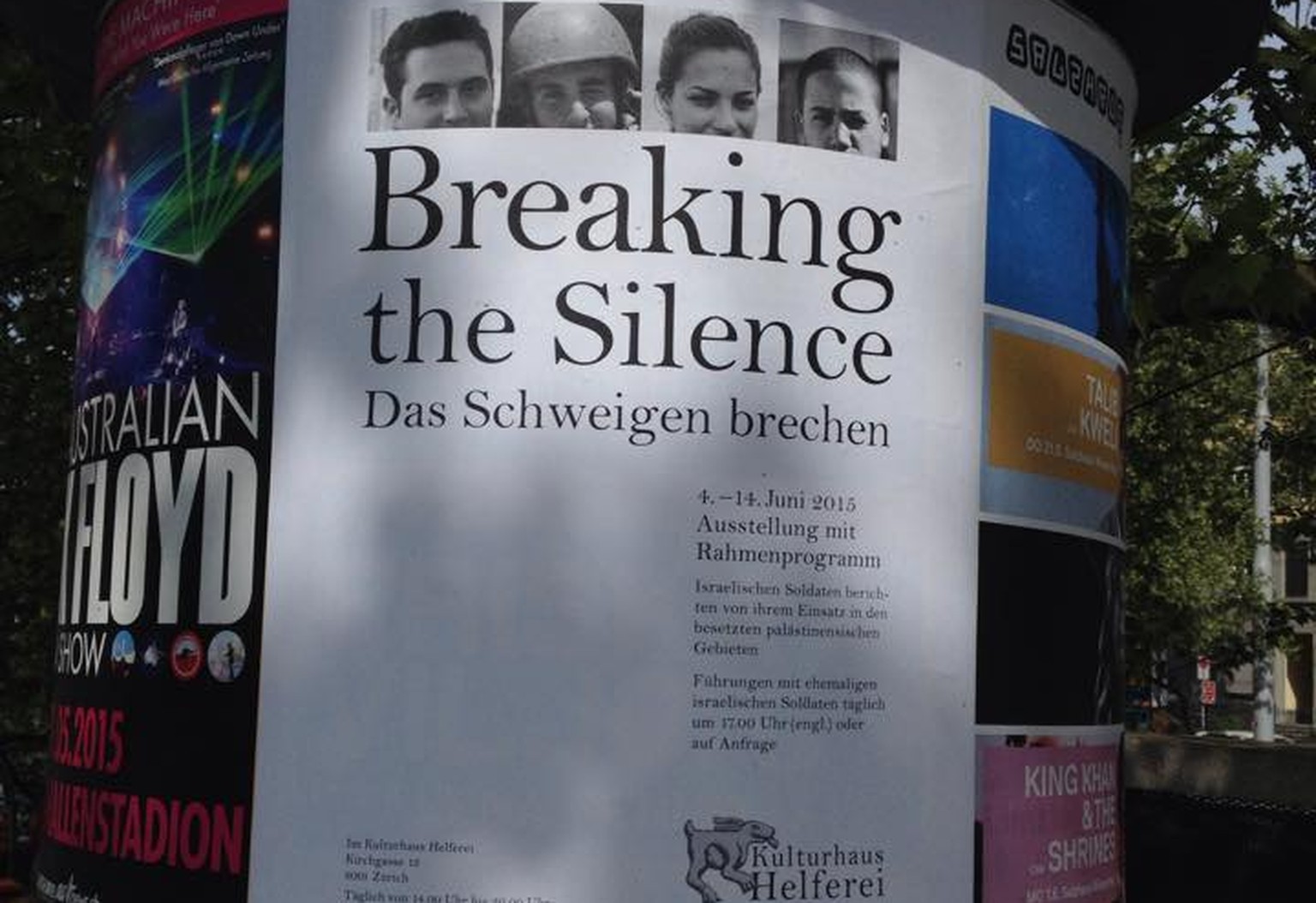 Plakat der Ausstellung« Breaking the Silence» in Zürich.