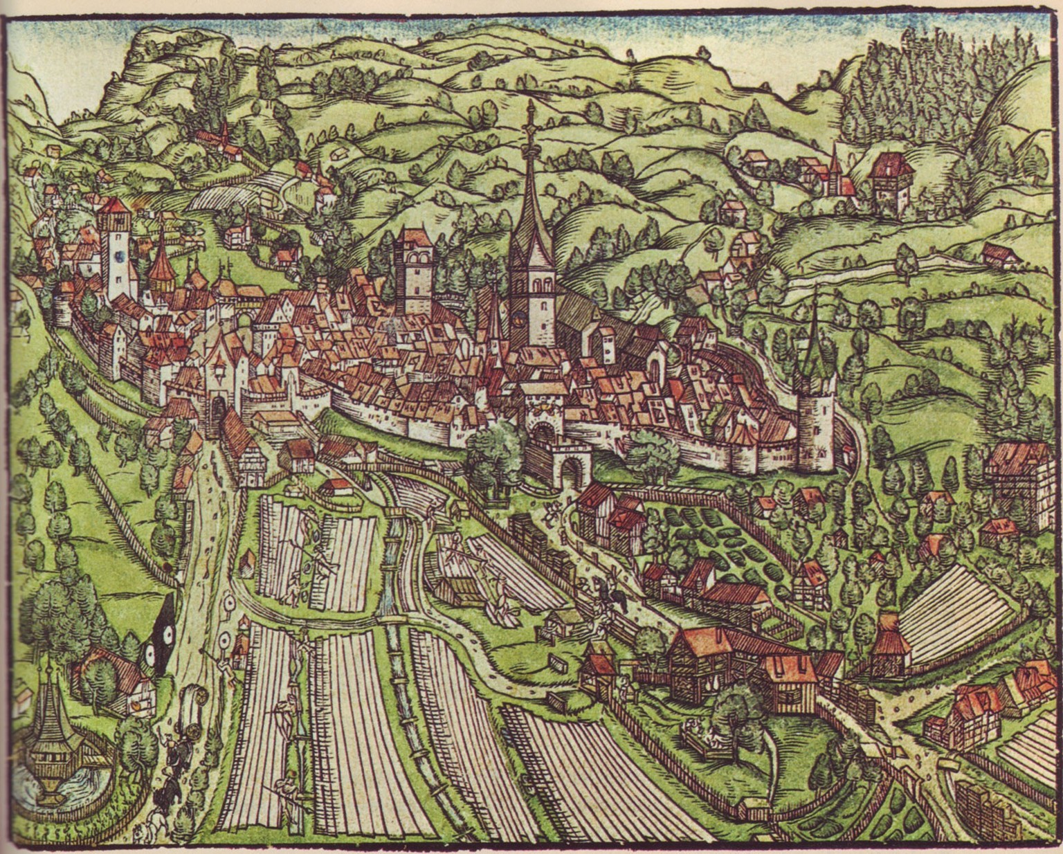 Zum Bleichen ausgelegte Leinwandbahnen vor der Stadt St. Gallen in einer Darstellung von 1545. Noch heute zeugen der städtische Flurnamen wie «Bleicheli» oder «Kreuzbleiche» von der einstigen Bedeutun ...