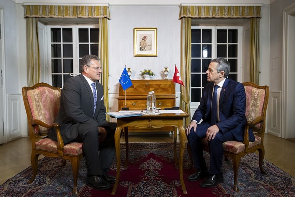 epa11744091 Maros Sefcovic (L), Executive Vice-President of the European Commission, and Swiss Federal Councillor Ignazio Cassis (R) talk during a working visit at the Lohn country residence of the Sw ...