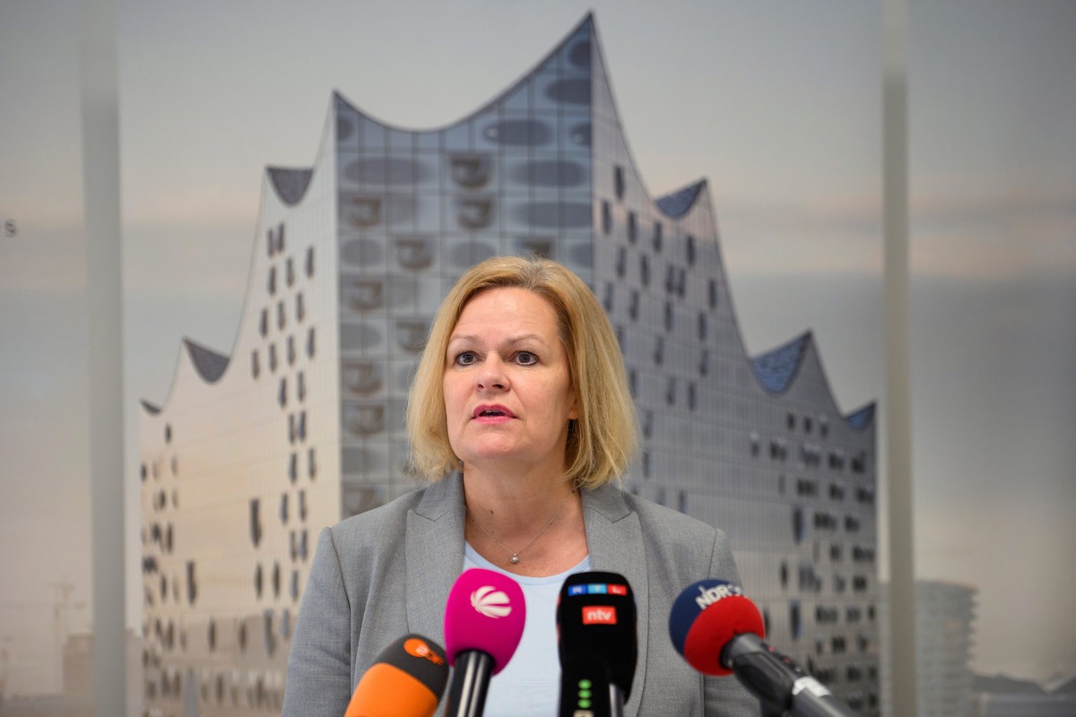 epa11890868 German Federal Minister of the Interior and Community Nancy Faeser speaks to the press after a visit to the central reception center for refugees in Hamburg, Germany, 12 February 2025. EPA ...