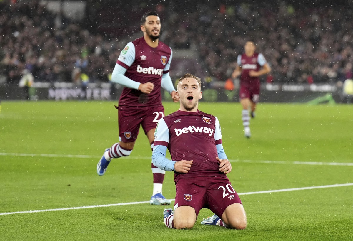 West Ham United's Jarrod Bowen celebrates scoring their side's third goal of the game during the English League Cup fourth round soccer match against Arsenal at the London Stadium, London, W ...