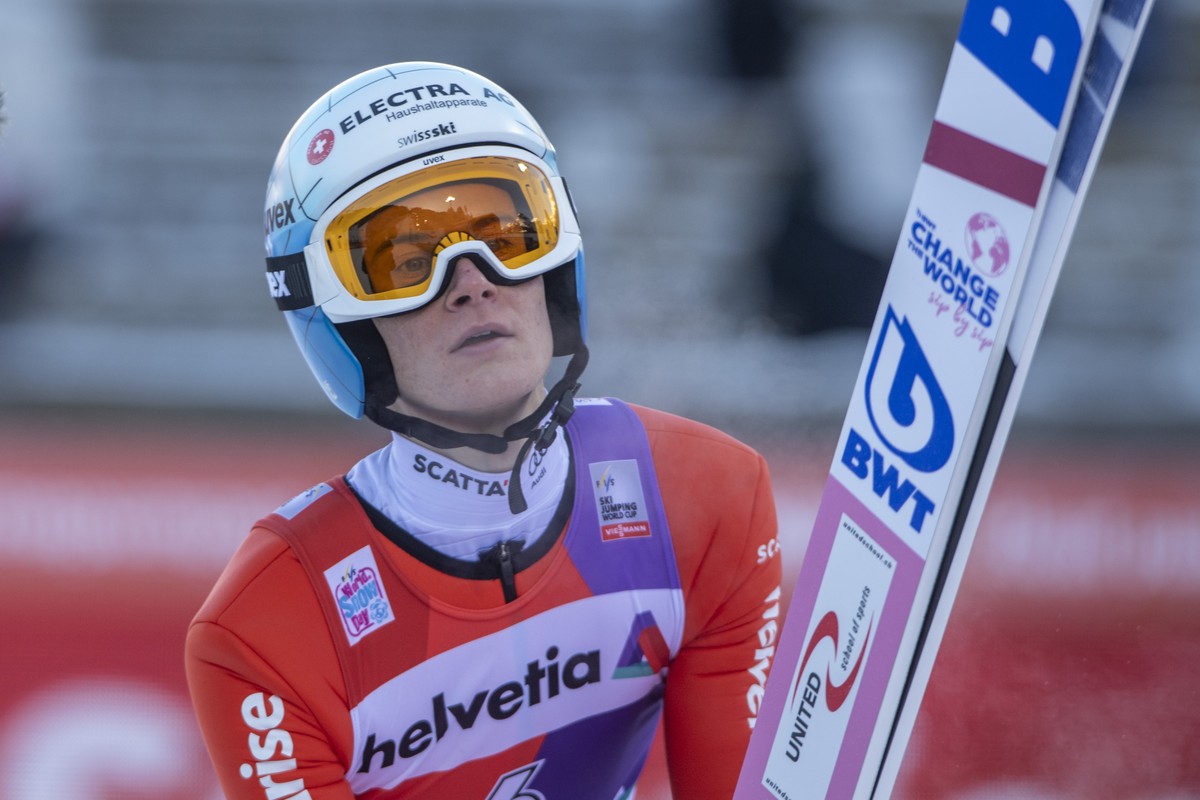 Dominik Peter of Switzerland at the men's ski jumping FIS World Cup in Engelberg, Switzerland, Sunday, December 18, 2022. (KEYSTONE/Urs Flueeler)