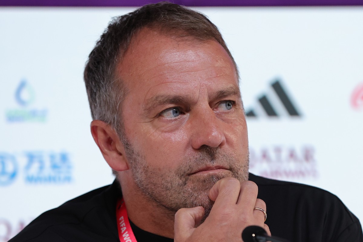epa10320758 Germany national team head coach Hansi Flick during a press conference at the Qatar National Convention Center (QNCC) in Doha , Qatar, 22 November 2022. Germany will face Japan in the FIFA ...
