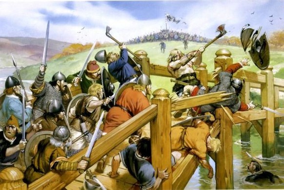 Schlacht bei Stamford Bridge, 1066: Ein Wikinger verteidigt die Brücke über den Derwent gegen angelsächsische Krieger. 
http://historynuggets.squarespace.com/nuggets/2015/4/11/the-last-viking