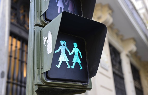 Bilder des Tages Spain: New pedestrian crossing lights Madrid city council has installed the first pedestrian crossing lights of equality with the image of man or woman and man-woman couple and inclus ...