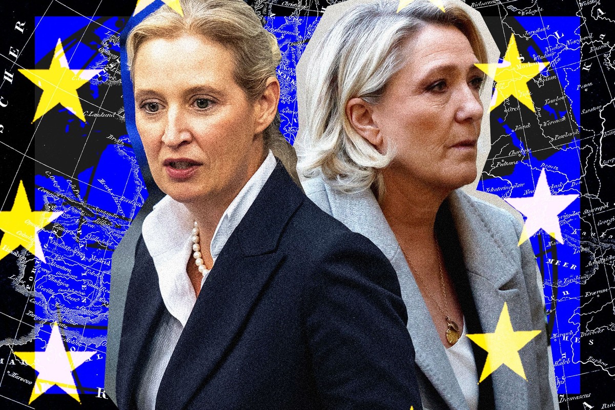 Auf dem Bild: Alice Weidel von der AfD und Marine Le Pen von FN vor einer Karte von Europa mit den Sternen der EU-Flagge.