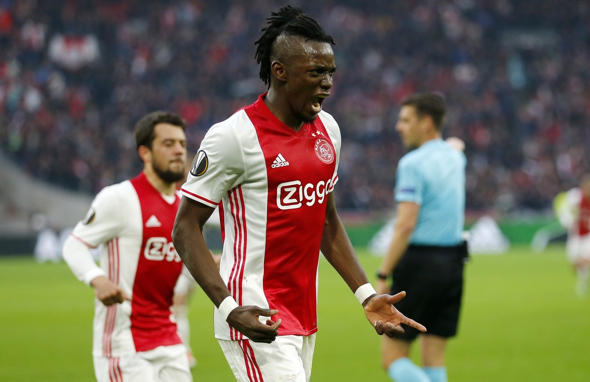 Ajax's Bertrand Traore (9) celebrates after scoring the fourth goal of his team during the first leg semi final soccer match between Ajax and Olympique Lyon in the Amsterdam ArenA stadium, Nether ...