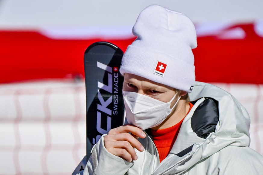 Marco Odermatt of Switzerland speaks to the medias in the finish area during the men&#039;s Alpine Skiing Super G race at the 2022 Olympic Winter Games in Yanqing, China, on Tuesday, February 8, 2022. ...