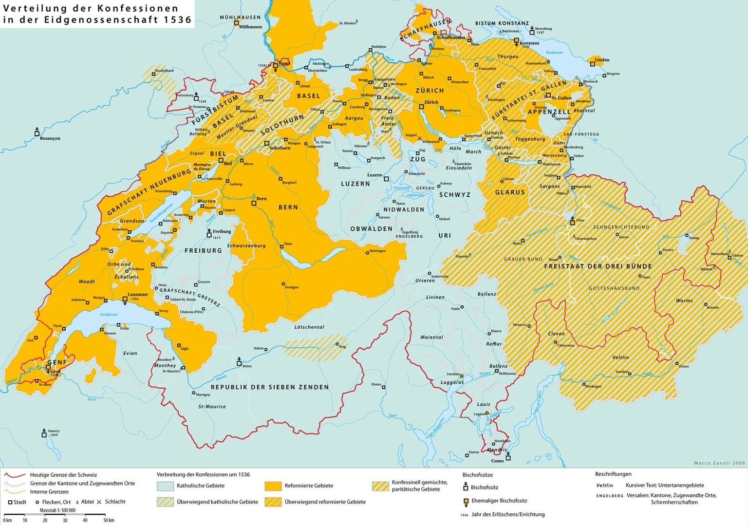 Die konfessionelle Teilung der schweizerischen Eidgenossenschaft um 1536 durch die Reformation.
https://upload.wikimedia.org/wikipedia/commons/7/79/Religion_map_of_Switzerland_in_1536_-_de.png