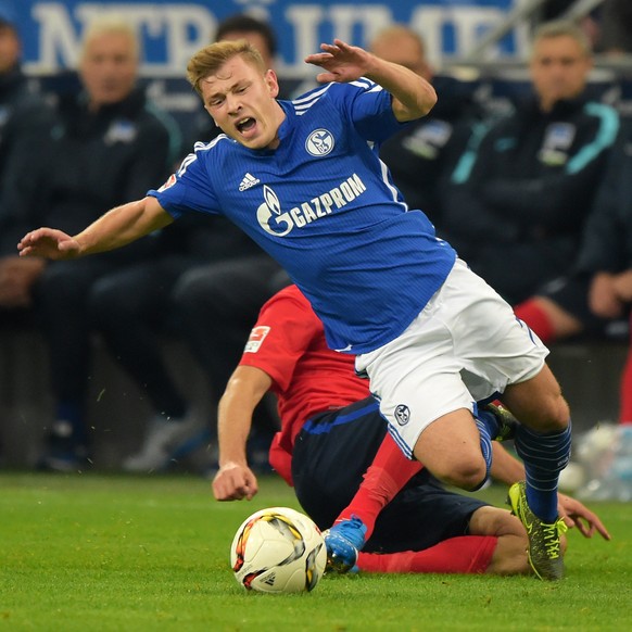 GELSENKIRCHEN, GERMANY - OCTOBER 17: Vedad Ibisevic of Hertha BSC foults Max Meyer of FC Schalke 04 during the game between Schalke 04 and Hertha BSC on october 17, 2015 in Gelsenkirchen, Germany. (Ph ...