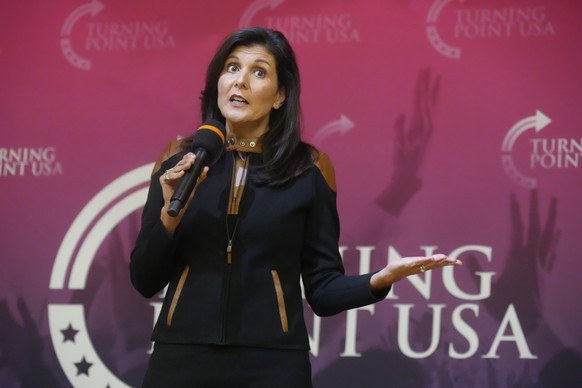 Former U.N. Ambassador and former South Carolina Gov. Nikki Haley speaks during an event sponsored by Turning Point USA at Clemson University on Tuesday, Nov. 29, 2022, in Clemson, S.C. (AP Photo/Meg  ...