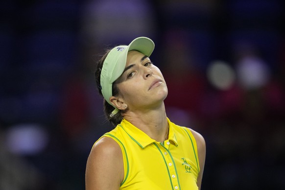 Australia&#039;s Ajla Tomljanovic reacts during her final match of the Billie Jean King Cup tennis finals against Switzerland&#039;s Belinda Bencic, at the Emirates Arena in Glasgow, Scotland, Sunday, ...