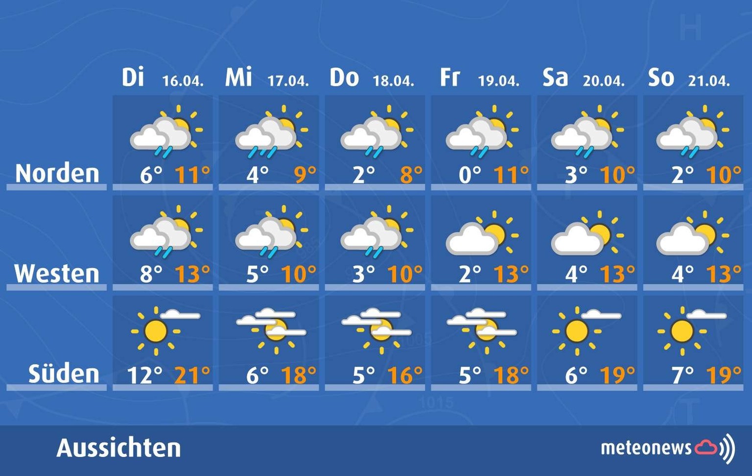 So trübe wird das Wetter zwischen dem 16. und 21. April 2024 in der Schweiz.