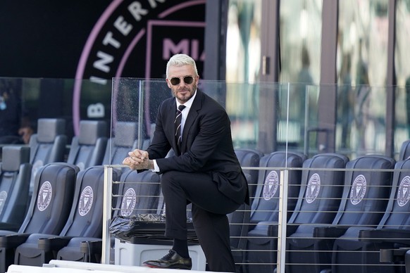 David Beckham, owner and president of soccer operations for Inter Miami, watches from the stands before an MLS soccer match against Nashville, Sunday, Aug. 8, 2021, in Fort Lauderdale, Fla. (AP Photo/ ...