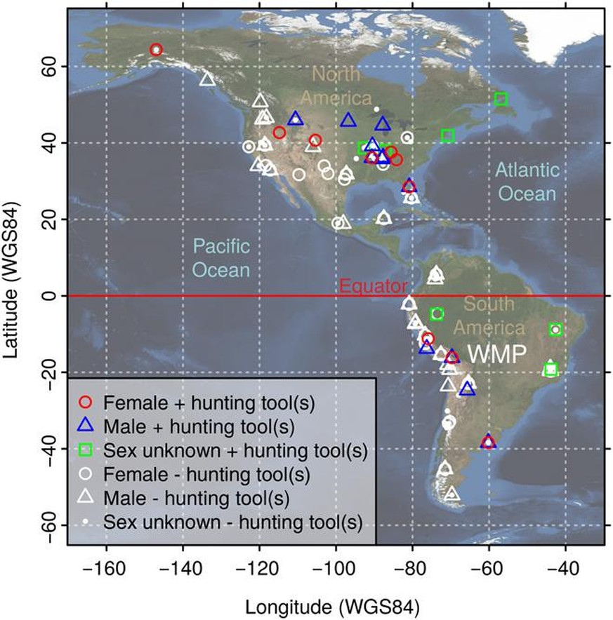 Geography of Wilamaya Patjxa and early burials of the Americas. Female and male burials with (+) and without (−) big-game hunting tools are indicated. WGS84, World Geodetic System 1984.
https://advanc ...
