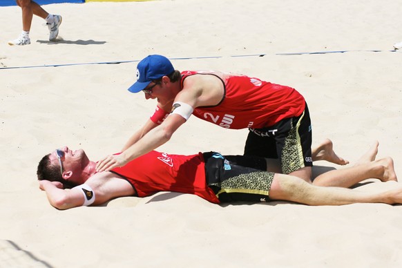 ANAPA, RUSSIA - JUNE 1: Philip Gabathuler (left) and Mirco Gerson from Switzerland celebrate winning in the match against the Chevallier-Strasser SUI team during day 6 of the FIVB Anapa Open on June 1 ...