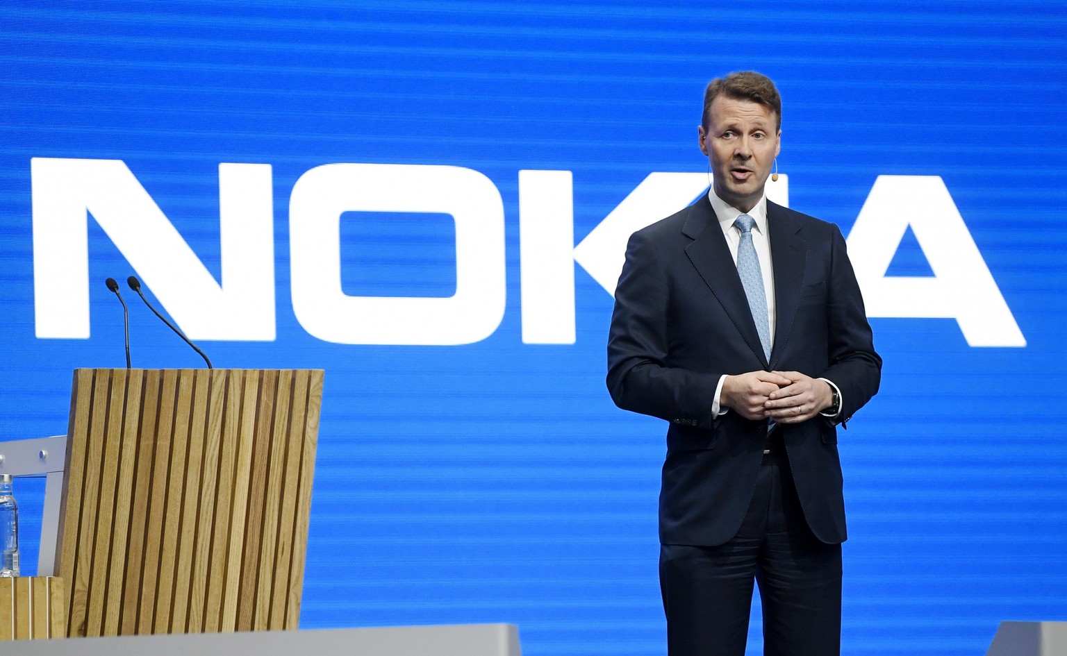 Nokia&#039;s Chairman Risto Siilasmaa speaks during the company&#039;s shareholder&#039;s meeting in Helsinki, Finland, Wednesday, May 30, 2018. (Antii Aimo-Koivisto/Lehtikuva via AP)
