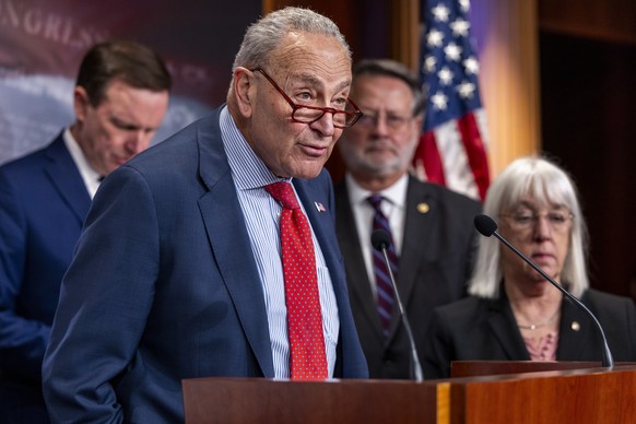 epa11944876 Senate Minority leader Chuck Schumer delivers remarks during a press conference in the US Capitol in Washington, DC, USA, 06 March 2025. Leader Schumer stressed the damage that would resul ...