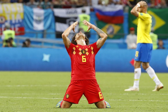 epa06869757 Axel Witsel of Belgium reacts after the FIFA World Cup 2018 quarter final soccer match between Brazil and Belgium in Kazan, Russia, 06 July 2018. Belgium won the match 2-1.

(RESTRICTION ...