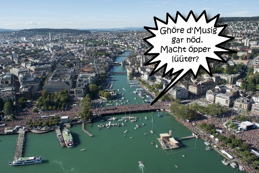 Aerial view of the annual technoparade "Street Parade" cheer in the city center of Zurich, Switzerland, Saturday, 13 August, 2016. (KEYSTONE/Ennio Leanza)